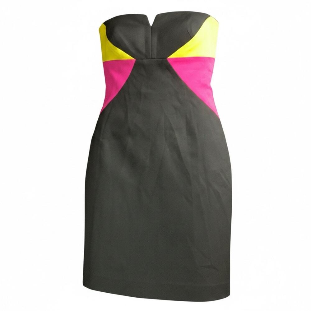 Trina Turk Strapless Sheath Dress Size 8 Colorblock Black Pink Yellow Midi